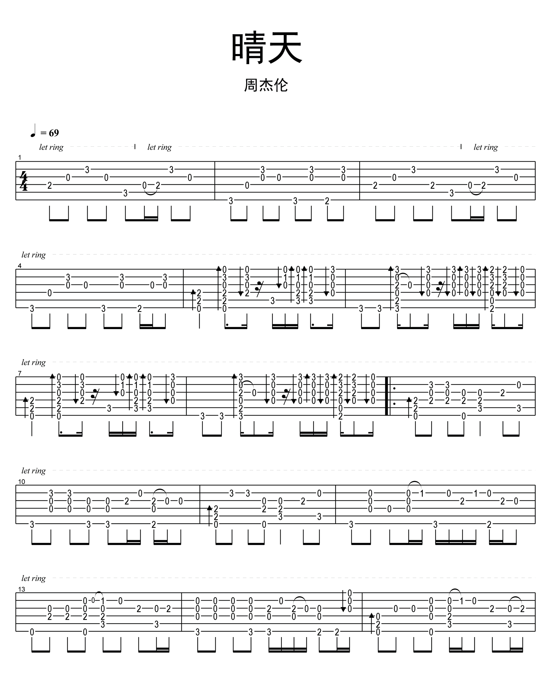 《晴天》指弹谱 周杰伦晴天 吉他独奏谱 卢家宏指弹视频